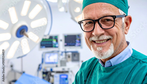 Smiling surgeon in green scrubs and cap wears glasses. Operating room lights shine brightly in background. Professional medical practitioner at work in hospital