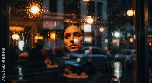 Womans Reflection in Cafe Window at Night.