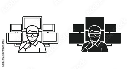 Security monitor icon set with operator and surveillance screens, outline and solid style, white background