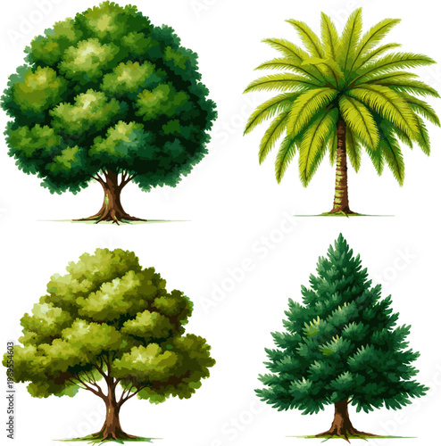 Create a kinds of deferent Vector tree top watercolor hand drawn view landscape plan and architecture layout drawing, elements for environment garden vector art with white background..