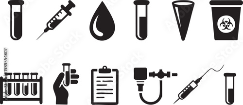 A collection of black silhouette icons representing various medical laboratory equipment and tools used in analysis high quality professional detailed modern elegant