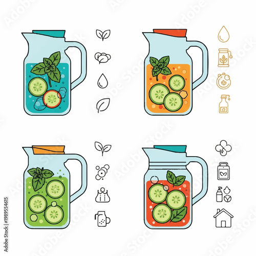 Four pitchers of flavored water with cucumber and herbs on a table