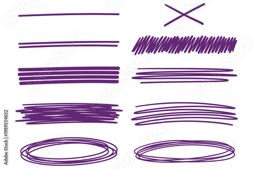 Abstract purple line art composition featuring dynamic brushstroke patterns and geometric cross symbol on clean white background ideal for branding design inspiration