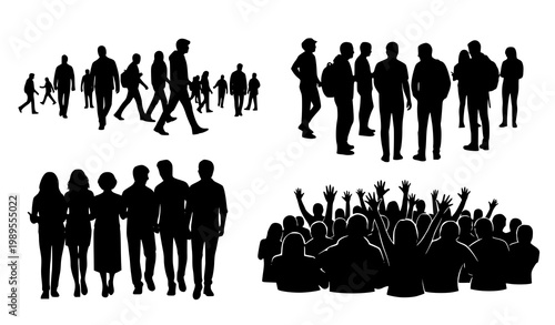 Creative people crowd silhouettes collection audience group black vector illustration set isolated on white background