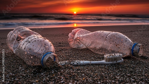 Environment - Plastic Bottles and Toothbrush Washed Ashore on Sandy Beach at Dramatic Red Sunset