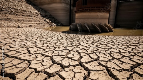 Industrial tire crushing cracked drought desert landscape with concrete infrastructure and construction equipment environmental impact