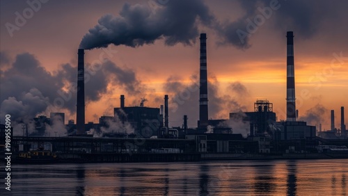 Industry - Heavy Industrial Plant Emitting Dark Smoke From Tall Chimneys Reflected in River at Dramatic Sunset