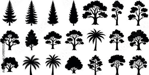 Collection of black tree silhouettes including conifers palm trees and deciduous trees