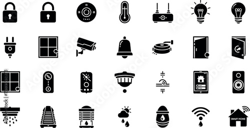 Collection of black smart home technology on white background security automation device