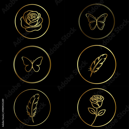 A collection of elegant gold line art icons on a black background
