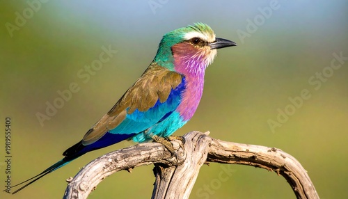 A vibrantly colored bird perches on a weathered branch. Its plumage displays shades of blue, purple, and green. The background is a soft blur of green