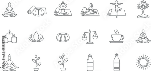 Collection of thin line representing yoga meditation wellness and healthy lifestyle symbol