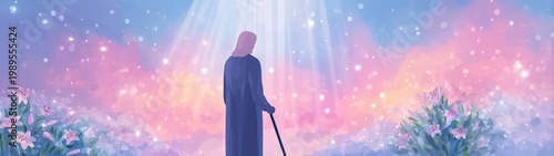 Serene Spiritual Journey in Celestial Garden with Blossoming Flowers and Divine Light