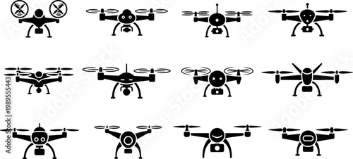 Twelve black silhouette of various drones with propellers and cameras quadcopter aerial vehicle technology