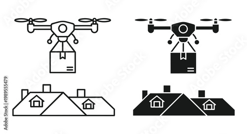 Drone delivery icon set with package and house roof, outline and solid style, white background