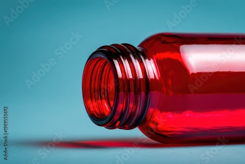 Close up of red plastic bottle featuring detailed threaded neck and smooth surface
