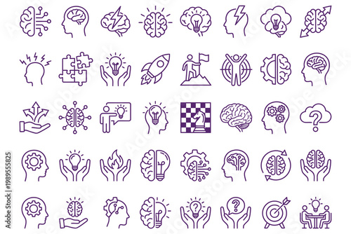 Innovation and creativity brainstorming icons set featuring human mind concepts with abstract symbols, minimalist line art style, purple and white color palette, perfect for motivational presentations