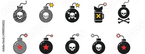 Explosive Bomb Icon Set with Skull and Danger Symbols for Hazardous Alerts and Warning Signs