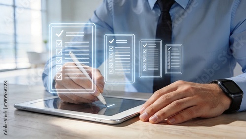 Businessman using digital tablet and stylus to manage online project checklist holographic interface workflow process