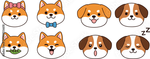 Cute Dog Icon Set Featuring Shiba Inu and Dog Faces with Expressions for Pet, Animal, and Character Designs