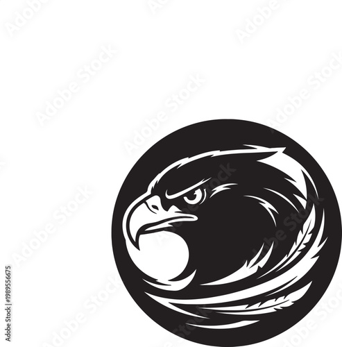 Black and white graphic of an eagle head in a circle bird of prey fierce