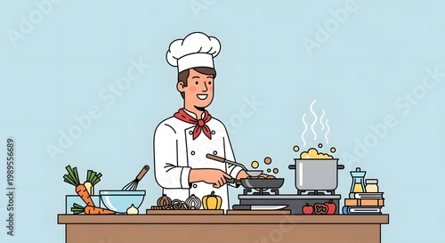 Chef in white uniform preparing food on a stove with ingredients and books