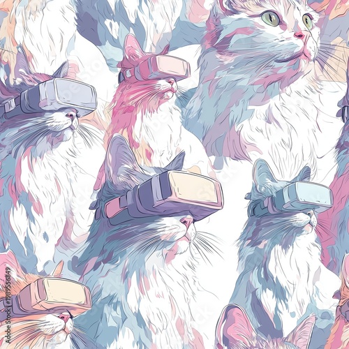 Futuristic Illustration of Cats with VR Headsets in Pastel Colors for Technology and Pets Niche Markets