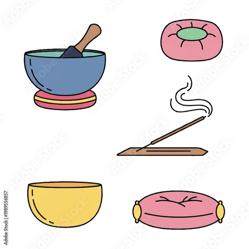 Meditation scene with a blue bowl on a plate and a stick of incense burning nearby.