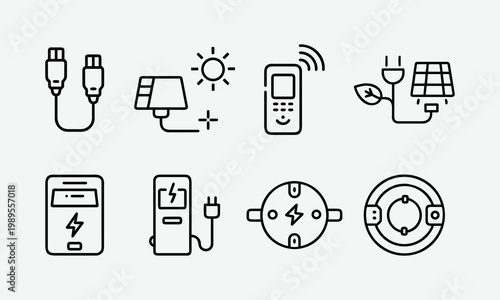 Solar Energy and Renewable Power Line Icon Set – Eco Electricity Outline Icons