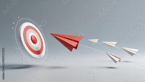 Business paper airplane strategy leading to target success goal achievement with red leader aircraft ahead of white team flying formation towards bullseye mark on gray background