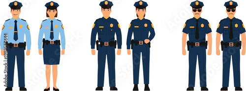 Set of Police Officer Vector Illustrations in Different Uniforms and Poses for Use in Law Enforcement, Security, and Professional Designs