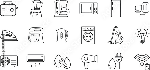 Collection of minimalist line icons for household appliances kitchen electronics and home utility concept vector.