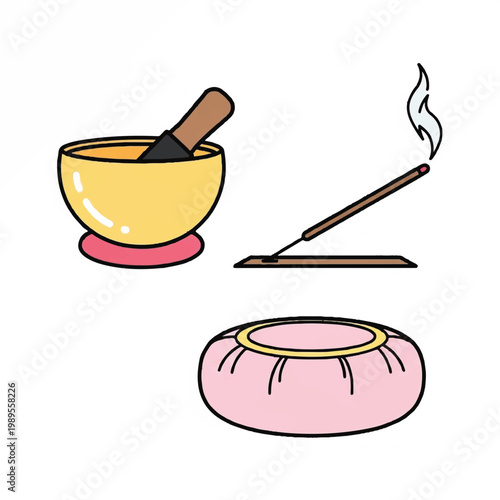 A serene meditation scene with a singing bowl, incense stick, and cushion indoors.