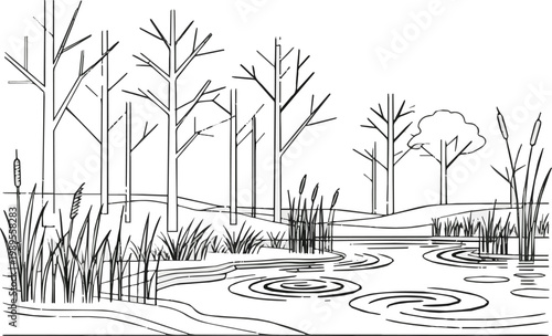 Generate a Architectural Drawings, Minimal style cad tree line drawing, Side view, set of section wetland forest outline for landscape design drawing in separate element vector art .
