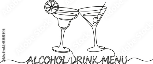 Generate a Glass of cocktails in continuous one line drawing. Margarita toast and martini cup in simple linear style. Alcohol drink menu in editable stroke. Doodle online vector art .