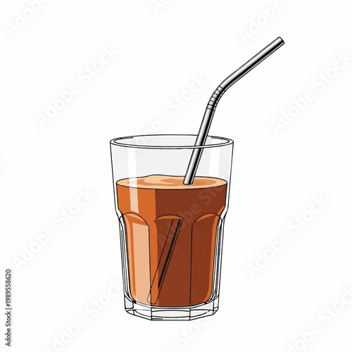 A refreshing glass of juice with a metal straw is served cold.