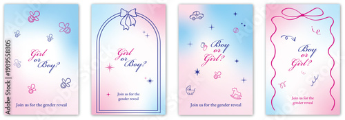 Gender reveal invitation cards set, baby shower templates with bows, stars and frames, pink blue gradient backgrounds for social media and print
