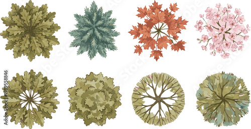 Generate a kinds of deferent Vector tree top watercolor hand drawn view landscape plan and architecture layout drawing, elements for environment garden vector art with white background.