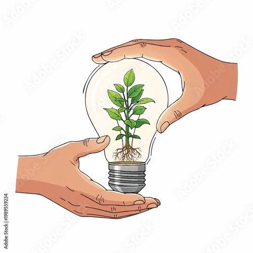 Two hands carefully nurturing a green plant inside a light bulb