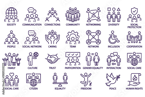 Abstract social values and concepts illustrated in minimalist black line icons set, perfect for corporate branding, equality advocacy, and community engagement materials