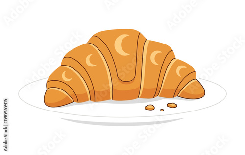 Fresh golden croissant on a white plate with crumbs flat vector illustration for bakery menu