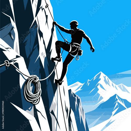 Generate a realistic climbing, silhouette, sport, rock, mountain, climber, sky, extreme, climb, rope, cliff, high, people, adventure, vector art with white background..