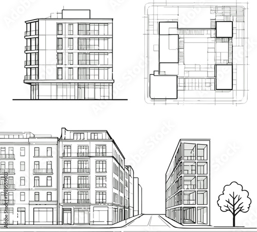 Generate a realistic kinds of deferent Architectural Drawings, Minimal style cad tree line drawing, Side view, set of section city street building outline for landscape design drawing in separate vect