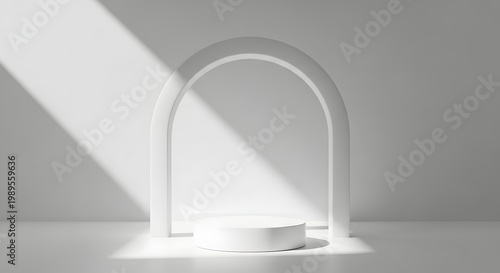 Minimalist architectural rendering a bright white archway with a pedestal in a neutral space