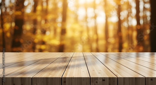 Autumnal forest backdrop with wooden table a serene and warm seasonal scene for product display