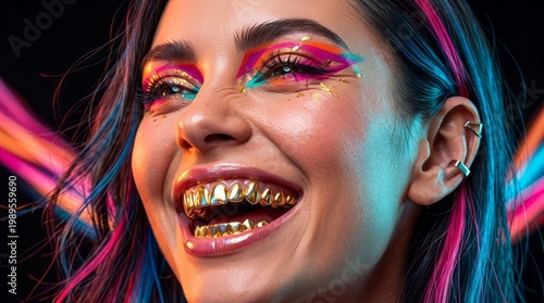 Vibrant Makeup with Gold Teeth Makeup Gold Teeth Colorful Portrait Fashion Beauty Smile. Concept featuring makeup, gold teeth, colorful, portrait, fashion for professional commercial design.