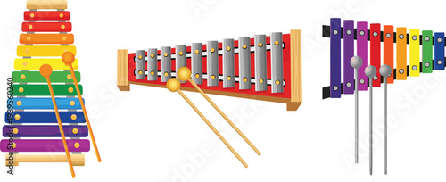 Set of Colorful Xylophone Illustrations with Different Layouts and Mallets for Music and Educational Graphics