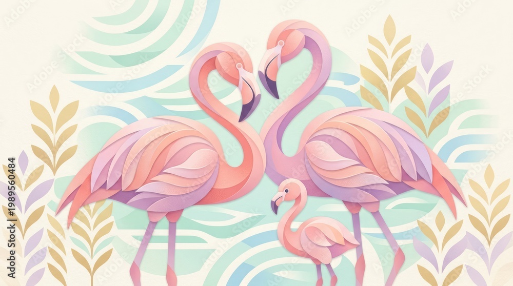 Obraz premium Stylized Flamingos Family Illustration Flamingos Family Pastel Colors Birds Tropical Nature Art. Concept featuring flamingos, family, pastel colors, birds, tropical for professional commercial design.