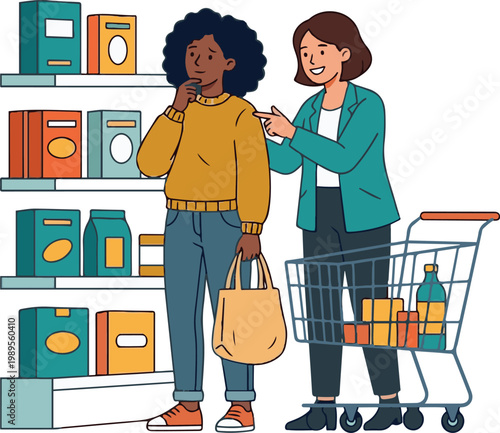 A store assistant helps a customer make a purchasing decision in a supermarket aisle, with shelves of products and a shopping cart nearby.