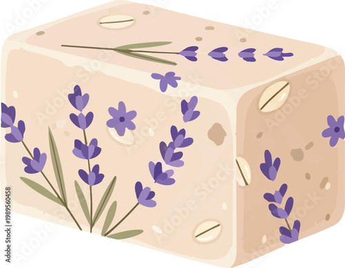 Flat Vector Oatmeal Lavender Soap Block Isolated for Soothing Therapies, Promoting Stress Relief, Gentle Exfoliation, and Natural Healing